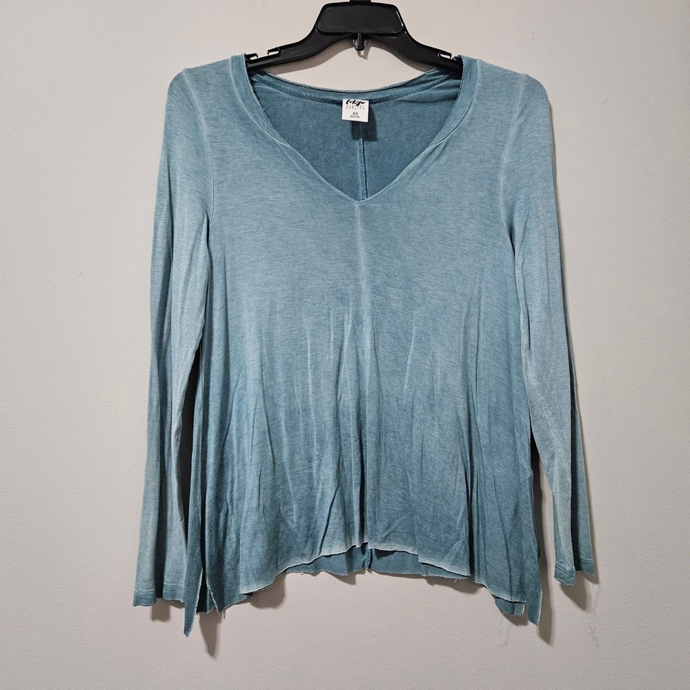 Tokyo Darling Womens Teal Blue Mineral Wash V-Neck Long Sleeve Flowy Top Medium